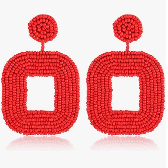 Oversized 3" Bright Red Handmade Beaded Dangle Earrings Post New Handcrafted - Picture 2 of 7